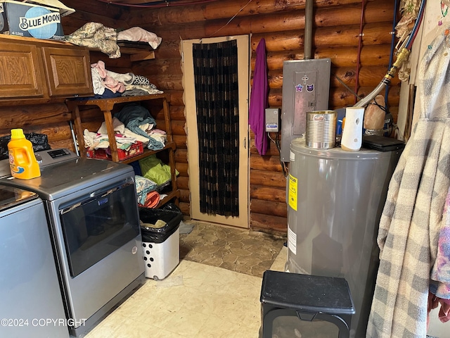 laundry area with washer and dryer, electric water heater, and log walls