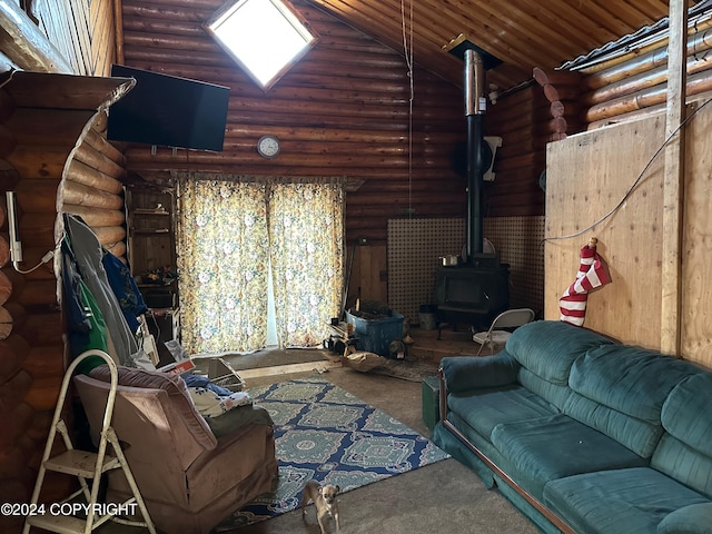 carpeted living room with a wood stove, log walls, wood ceiling, and high vaulted ceiling