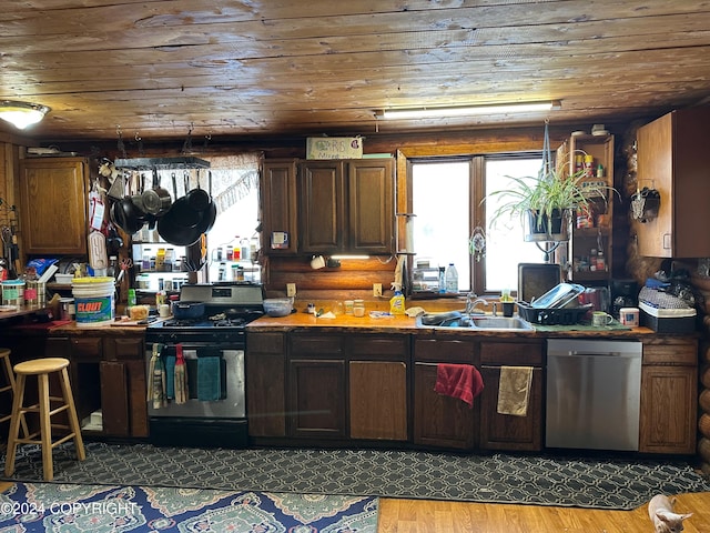 kitchen with light wood-type flooring, stainless steel dishwasher, wood ceiling, sink, and black range with electric stovetop