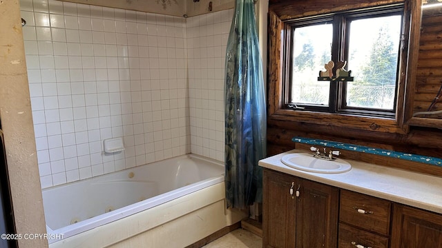 68537 Veater Ave, Ninilchik, AK 99639 - bathroom with log walls, a combined bath / shower with jetted tub, and vanity