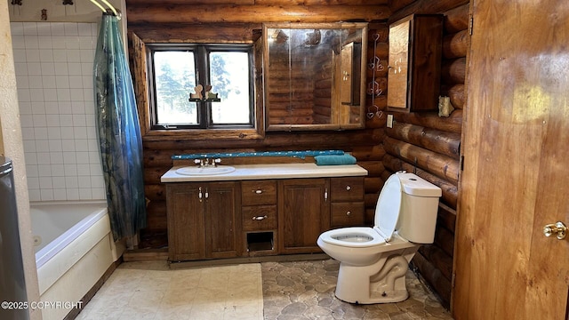 68537 Veater Ave, Ninilchik, AK 99639 - bathroom featuring log walls, toilet, shower / tub combo, and vanity