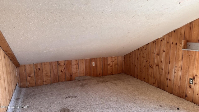 68537 Veater Ave, Ninilchik, AK 99639 - bonus room featuring carpet floors, a textured ceiling, wooden walls, and vaulted ceiling