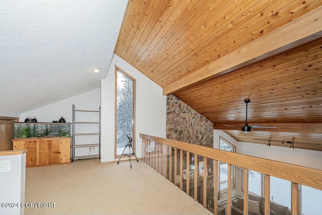 hall featuring plenty of natural light, light carpet, and vaulted ceiling