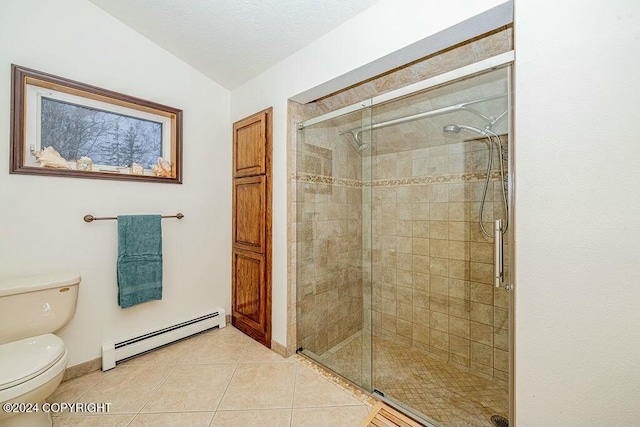 bathroom with a shower with door, a baseboard heating unit, tile patterned floors, toilet, and a textured ceiling