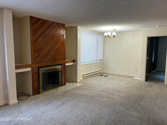 unfurnished living room featuring carpet floors, a textured ceiling, and a baseboard heating unit