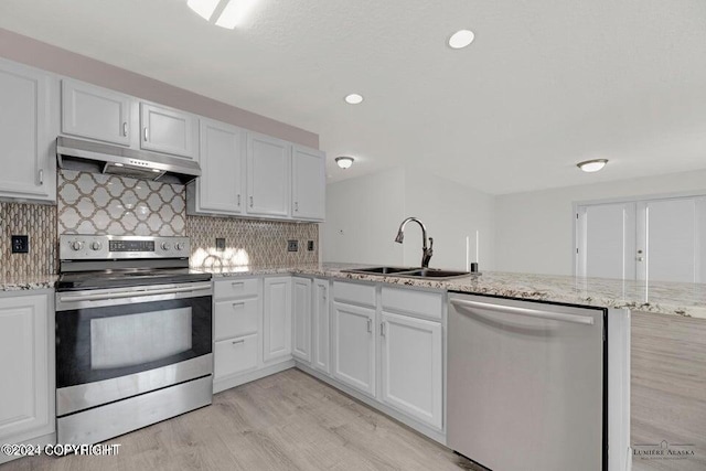 5169 Reliance Rd, Wasilla, AK 99654 - kitchen featuring appliances with stainless steel finishes, under cabinet range hood, a peninsula, light wood-style floors, and decorative backsplash