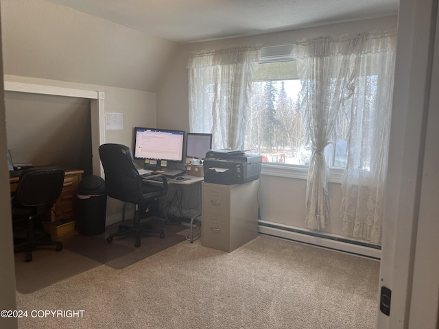 38400 Robinson Loop Rd, Sterling, AK 99672 - carpeted home office featuring a baseboard radiator and vaulted ceiling