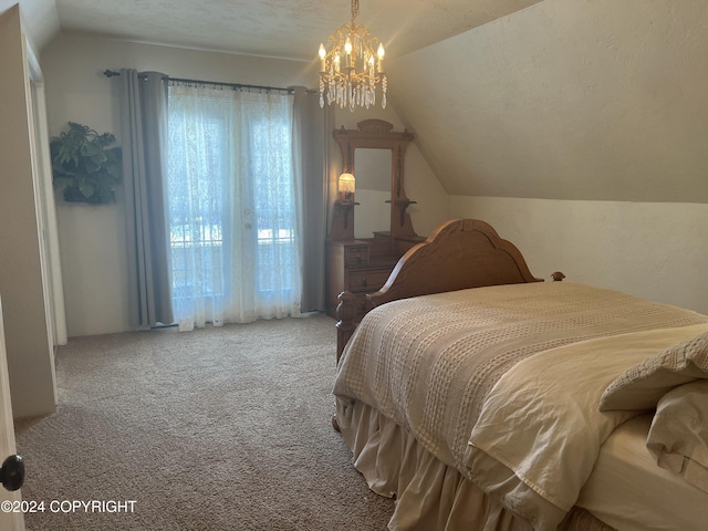 38400 Robinson Loop Rd, Sterling, AK 99672 - bedroom featuring lofted ceiling, carpet floors, a chandelier, and access to outside