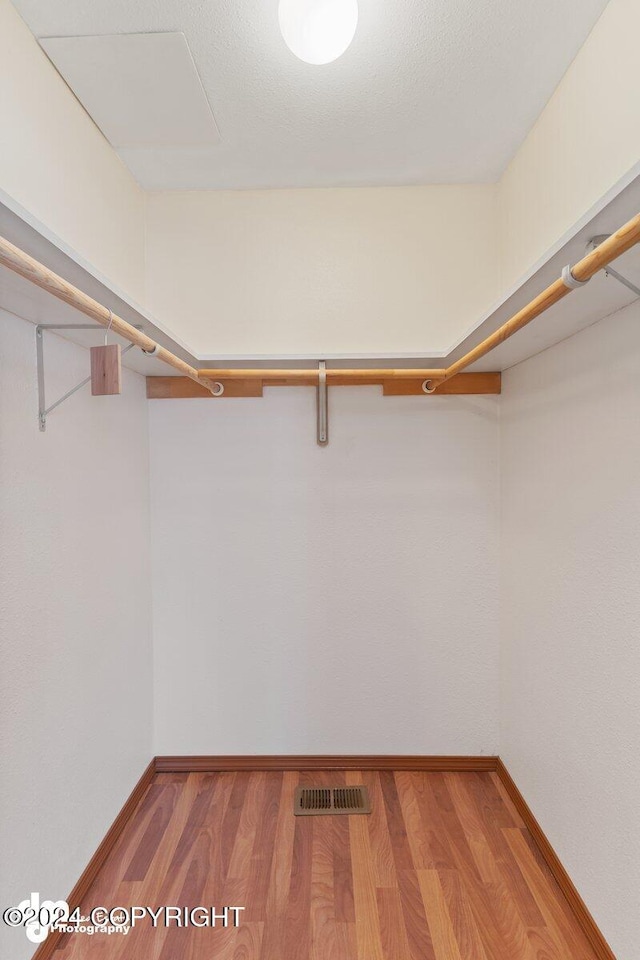 walk in closet with light hardwood / wood-style flooring