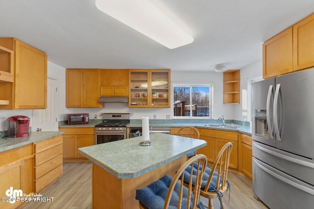 kitchen with appliances with stainless steel finishes, light wood-type flooring, a center island, and sink