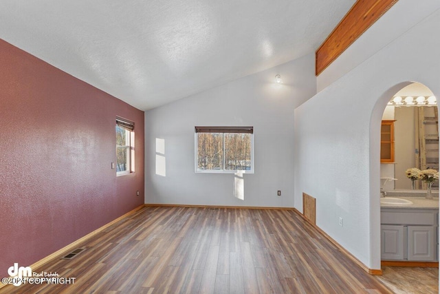 spare room featuring sink, dark wood-type flooring, and vaulted ceiling