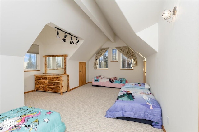 carpeted bedroom featuring lofted ceiling with beams