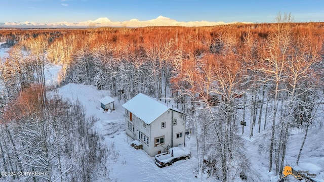 32500 Talkeetna Spur Rd, Talkeetna, AK 99676 - snowy aerial view with a mountain view and a view of trees