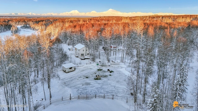32500 Talkeetna Spur Rd, Talkeetna, AK 99676 - snowy aerial view featuring a mountain view and a forest view