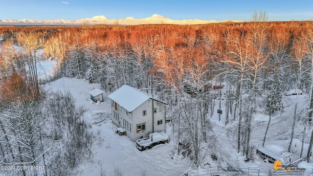 32500 Talkeetna Spur Rd, Talkeetna, AK 99676 - snowy aerial view featuring a forest view and a mountain view