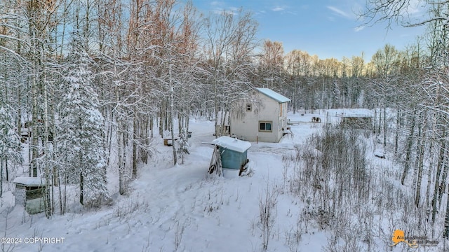 32500 Talkeetna Spur Rd, Talkeetna, AK 99676 - snowy yard with an outbuilding and a view of trees