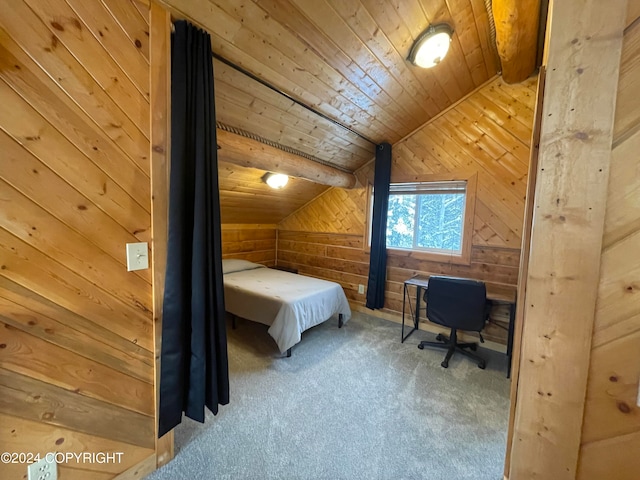 bedroom with carpet flooring, wood walls, lofted ceiling, and wooden ceiling