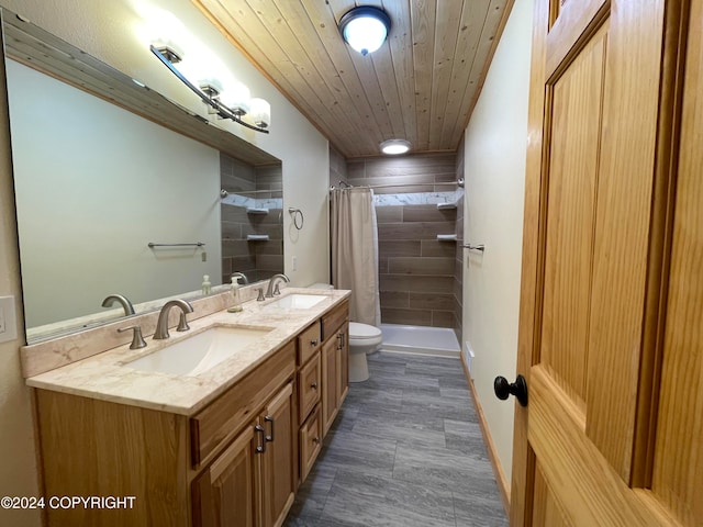 bathroom with a shower with shower curtain, vanity, toilet, and wood ceiling