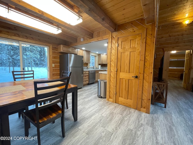 dining room with wood walls, sink, beamed ceiling, and wood ceiling