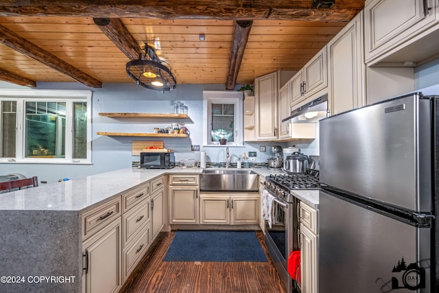 kitchen with wood ceiling, stainless steel appliances, dark wood-type flooring, sink, and beamed ceiling