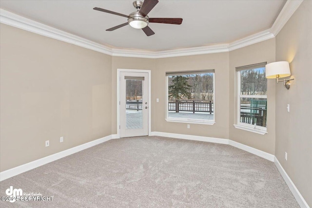 carpeted empty room with ceiling fan and ornamental molding