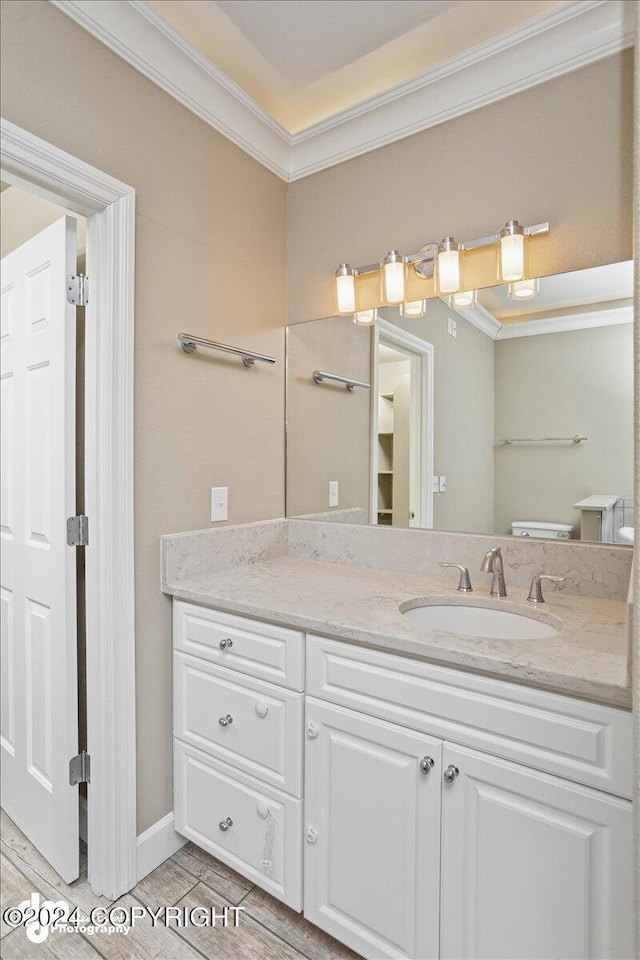 bathroom featuring vanity, toilet, and crown molding