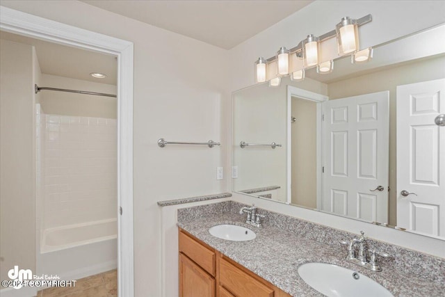 bathroom with vanity and bathing tub / shower combination