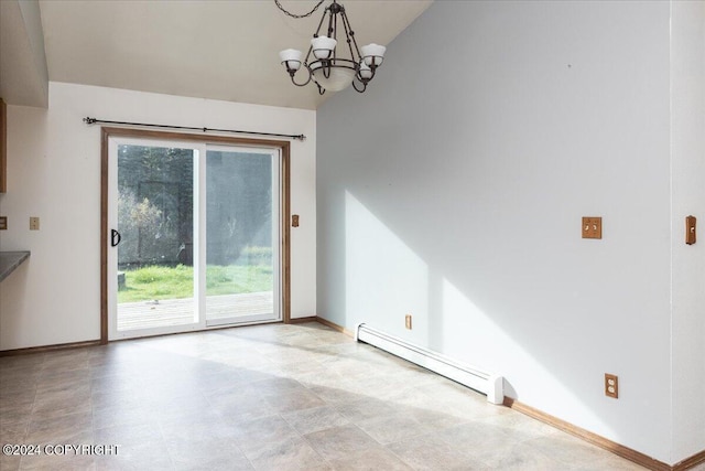 unfurnished dining area with a baseboard radiator, vaulted ceiling, and an inviting chandelier