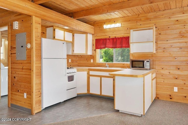 kitchen featuring wood ceiling, white appliances, wooden walls, electric panel, and white cabinetry