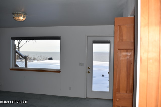 interior space featuring plenty of natural light, a water view, and carpet floors