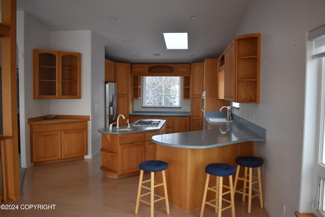 kitchen with a kitchen bar, a skylight, stainless steel appliances, sink, and light hardwood / wood-style flooring