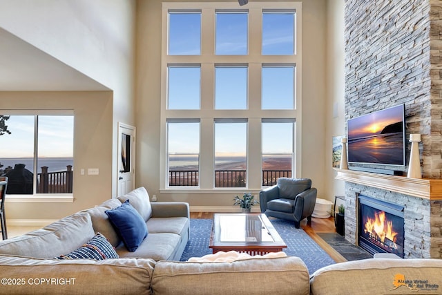 living area featuring a stone fireplace, baseboards, and wood finished floors