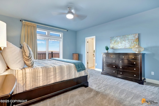 carpeted bedroom featuring ceiling fan and baseboards