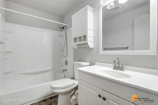 full bathroom with vanity, toilet, and shower / tub combination