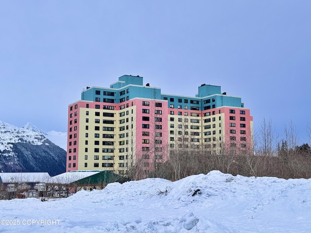 view of snow covered property