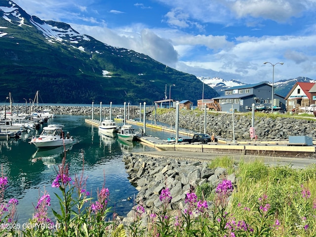 view of dock with a water and mountain view