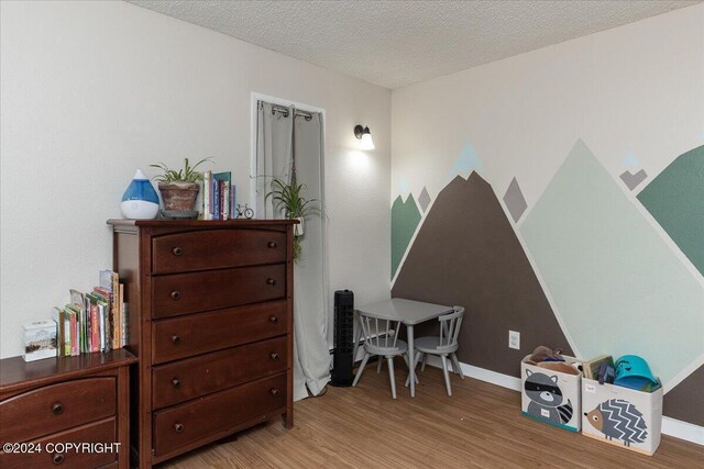 misc room with light wood-type flooring and a textured ceiling