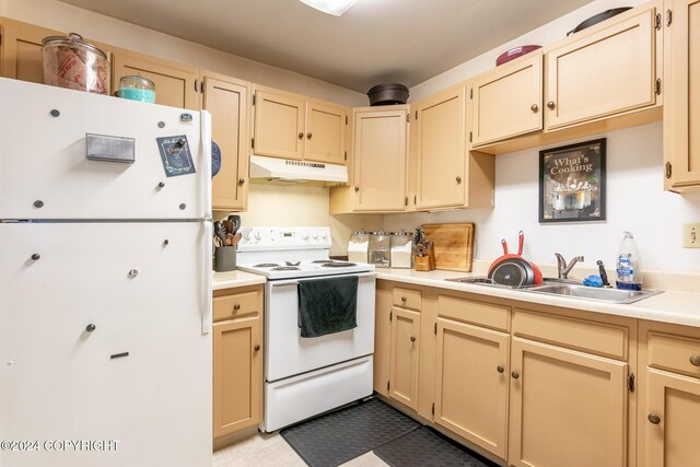 kitchen with light brown cabinets, white appliances, and sink