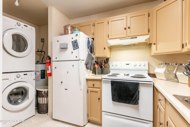 kitchen with stacked washer / drying machine, light brown cabinets, light tile patterned flooring, and white appliances