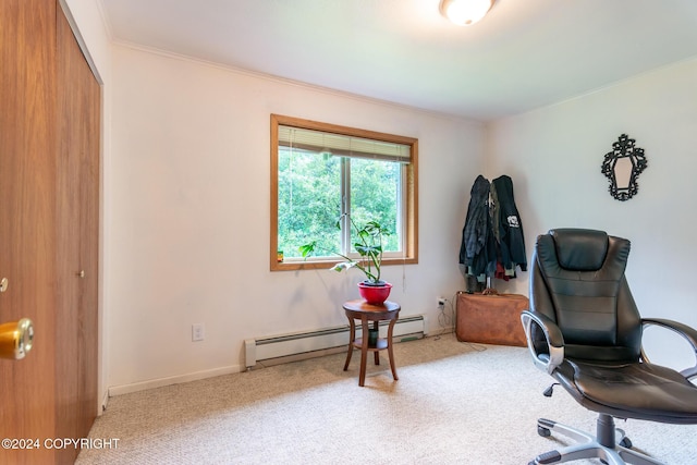 carpeted office space featuring ornamental molding and a baseboard heating unit