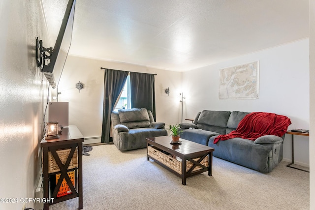 carpeted living room featuring baseboard heating