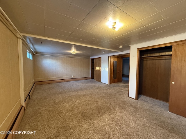 basement with carpet floors and wooden walls