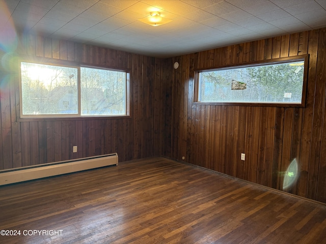 unfurnished room featuring wood walls, dark hardwood / wood-style flooring, and a baseboard radiator