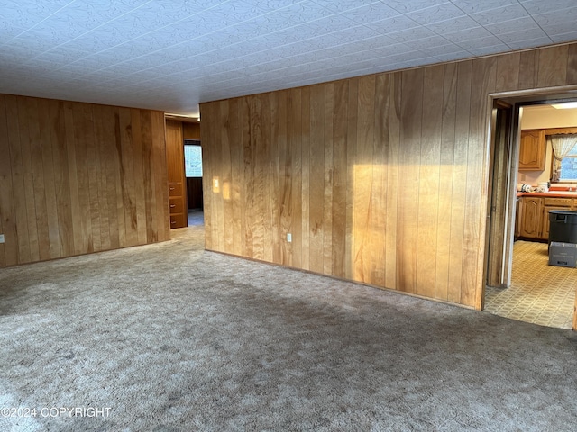 carpeted spare room featuring wood walls