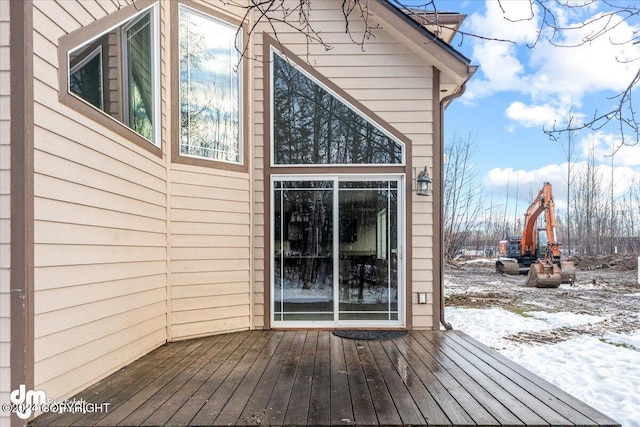 view of snow covered deck