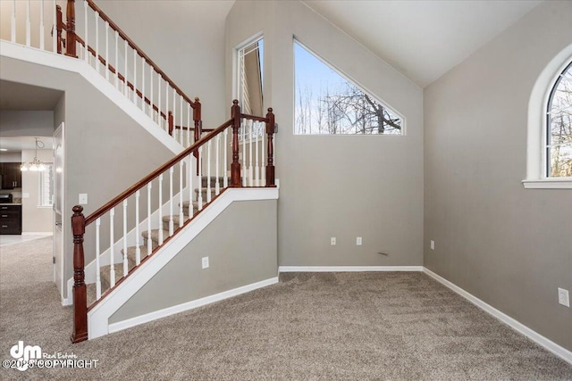 staircase featuring a towering ceiling and carpet flooring