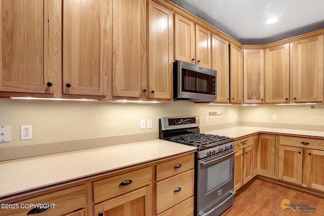 kitchen featuring hardwood / wood-style flooring and appliances with stainless steel finishes