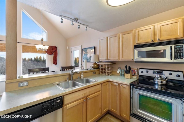 kitchen featuring appliances with stainless steel finishes, an inviting chandelier, plenty of natural light, and sink