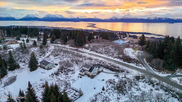 snowy aerial view featuring a water and mountain view