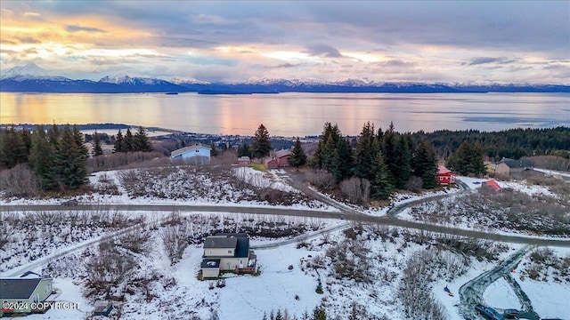 snowy aerial view featuring a water and mountain view